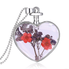 Heart-Shaped Crystal Herbarium Flower Locket Necklace