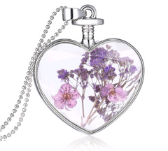 Heart-Shaped Crystal Herbarium Flower Locket Necklace