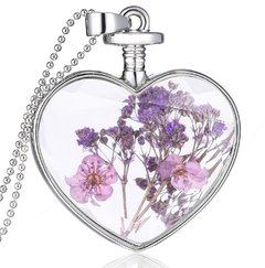 Heart-Shaped Crystal Herbarium Flower Locket Necklace