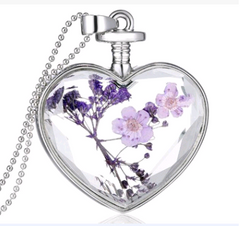 Heart-Shaped Crystal Herbarium Flower Locket Necklace
